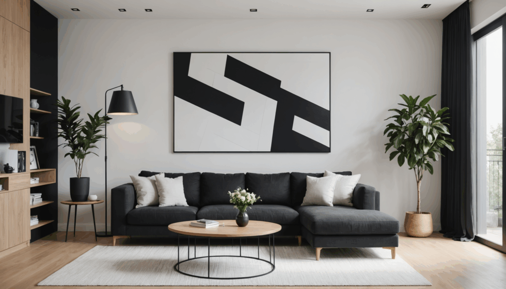 モダンなインテリアのリビングルームの写真。モノクロの色合いで、黒いソファや白いラグ、木製のテーブルがあり、ミニマリストなアートが壁に飾られています。
