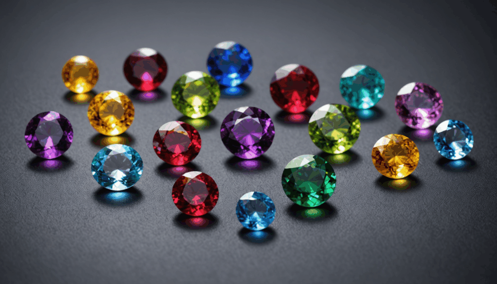 様々な誕生石の写真。色とテクスチャーが美しく並べられ、パワーストーンの選び方や効果を考える際に役立つビジュアルです。
