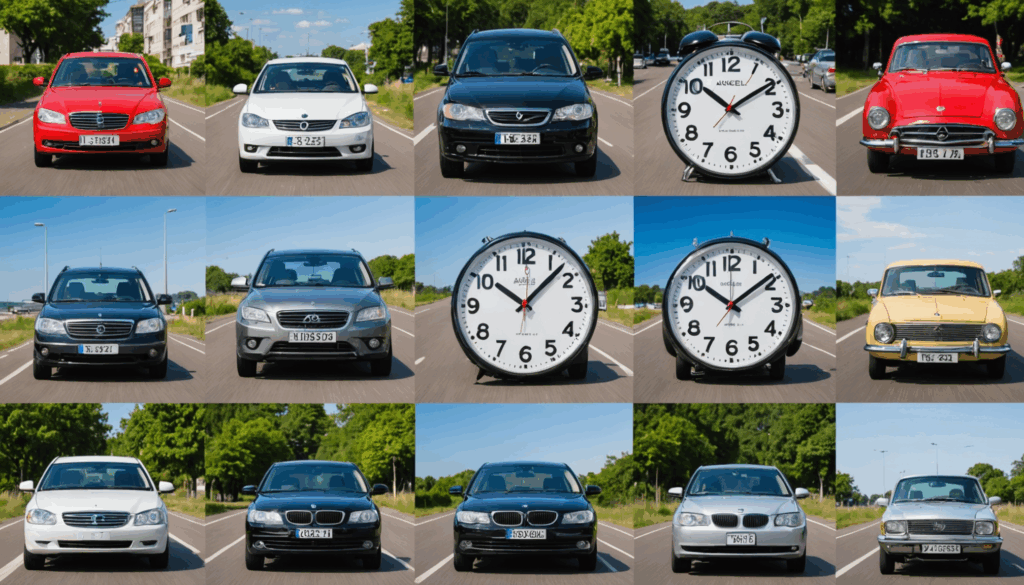 日常生活の中でのエンジェルナンバーのシーンを描いた写真。時計が3:33を示し、車のナンバープレートや電話に数字が表示されている様子が、エンジェルナンバーの意味やメッセージへの気づきを表現しています。