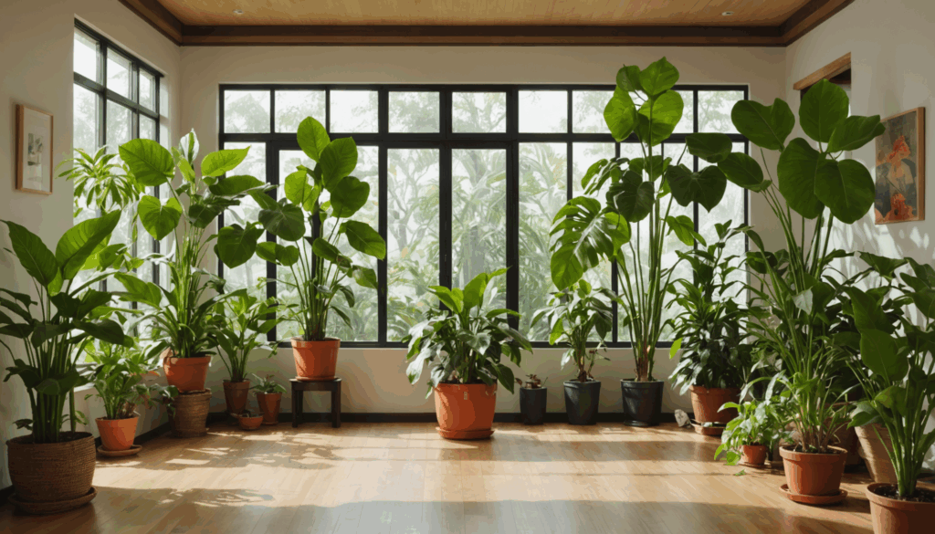 リビングに置かれた観葉植物の写真。パキラやゴムの木など、運気を高める植物が自然光の中で生い茂っている様子。