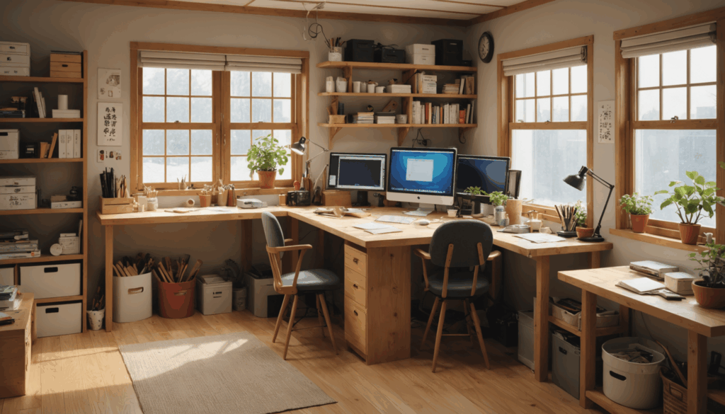 100均のアイテムを使った、居心地の良いDIY作業スペースの写真。木箱や工具、塗装用品が並び、初心者にもおすすめの簡単な作り方を感じさせる雰囲気。