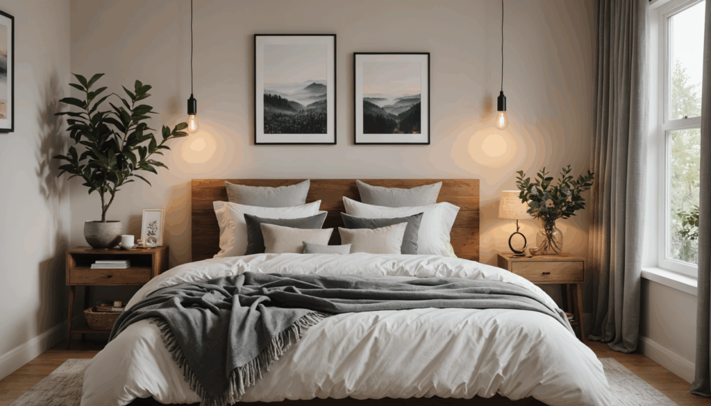 穏やかな寝室の写真。心地よいベッドや柔らかな照明、リラックスできる環境が整い、睡眠の質向上を象徴している。