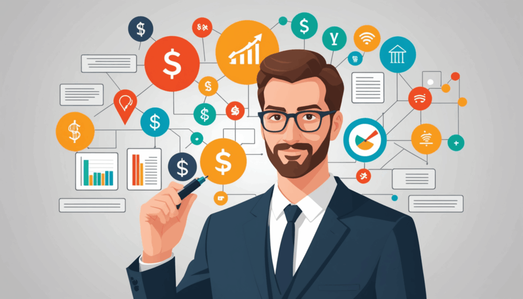 自己反省と成長をテーマにした抽象的なイラストで、静かな環境で自分のスキルや強みを考えている人物が描かれ、キャリアアップや分析を象徴する要素が含まれています。