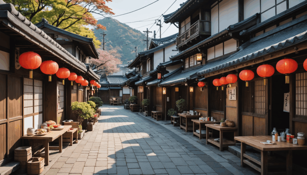 オフシーズンの人気観光地の風景。空いている通りや地元の食 stallsがあり、旅行者が安い時期の地元料理を楽しむ様子。