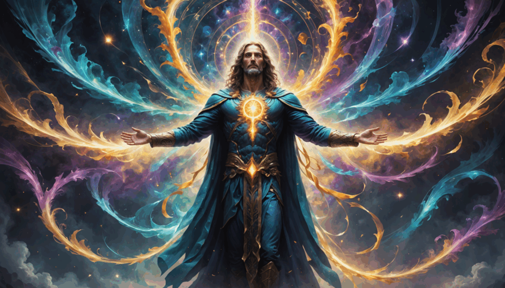 アセンションのサインを表現した抽象画で、エネルギーの波や神秘的な光が色の微妙な変化を伴っています。