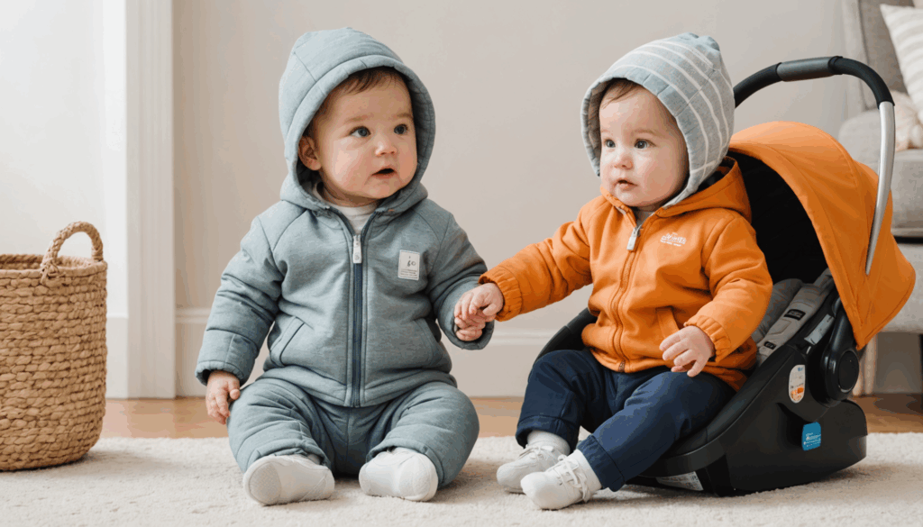 赤ちゃんの旅行必需品を紹介する写真。春秋の重ね着や夏の熱さ対策、冬の暖かさと健康管理に必要な用品が並んでいる様子。