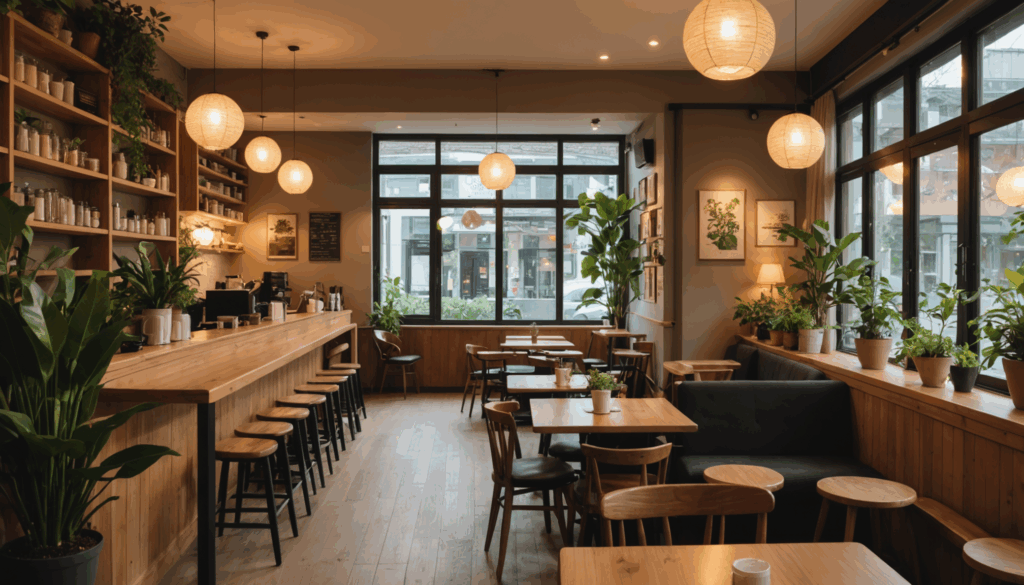 温かみのある木製の家具と柔らかな照明、植物が配置されたカフェの内部。リラックスや読書に最適な癒しのスポット。