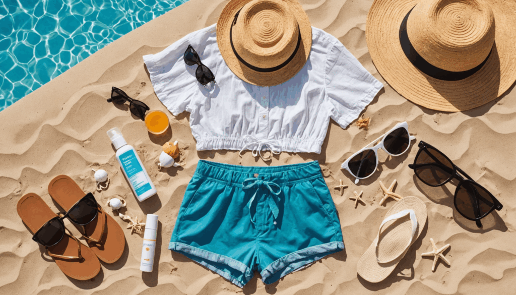 夏の旅行に必要な持ち物を集めたコラージュ。日差しを浴びるビーチを背景に、日焼け止めや水着などが並んでいる様子