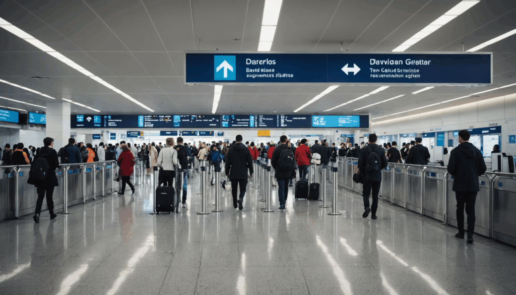 空港の内部の写真。搭乗口へ向かう旅行者たちが急ぎ足で移動している様子が描かれている