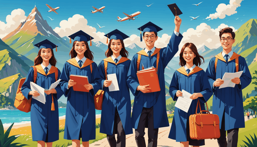 卒業旅行を楽しむ友達のグループが、旅行保険書類や文化的なシンボルを持ちながら、人気の旅行先で冒険を満喫している様子