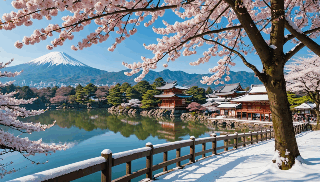 日本の世界遺産の美しい風景。春の桜、夏の緑、秋の紅葉、冬の雪景色が楽しめる観光スポットの様子。