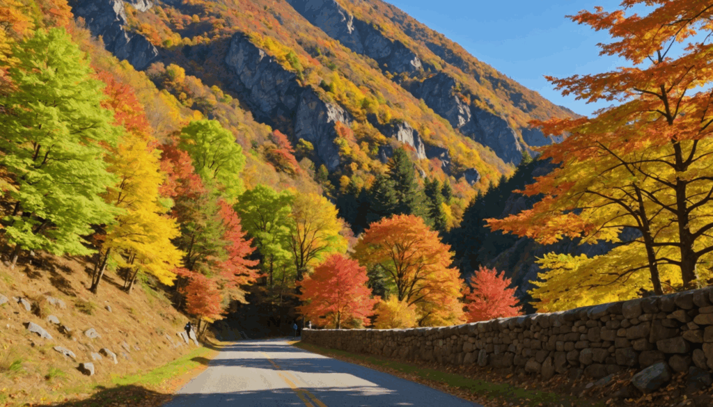 紅葉が美しい秋の風景。赤やオレンジのカエデの葉が湖に映り、遠くの山々と青空が広がる自然の景観を楽しむ様子。