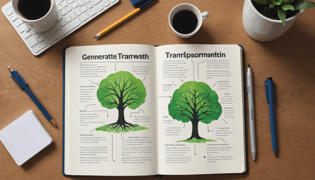 成長型マインドセットを促すためのジャーナルやポジティブな交流、支援的な環境が描かれた画像。自己成長の重要性を表現しています。