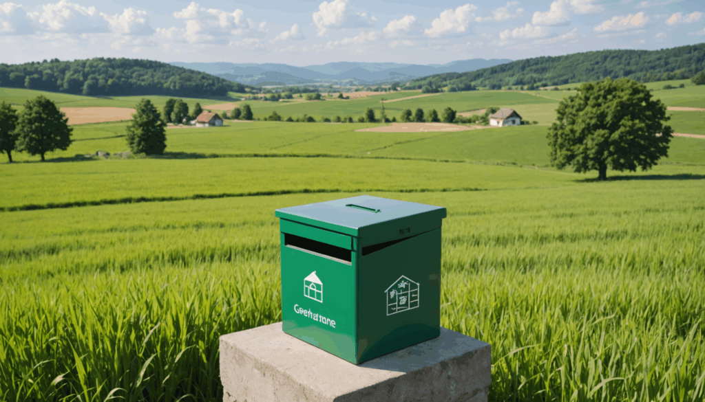 ふるさと納税を象徴する寄附箱が前景にあり、穏やかな田園風景が広がる写真。税金控除の重要性を感じさせるシーン。