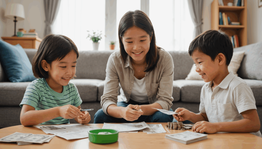 親が子どもにお小遣いを渡している様子。家庭での教育を通じて、お金の使い方や貯め方を学ぶ重要性を示しています。