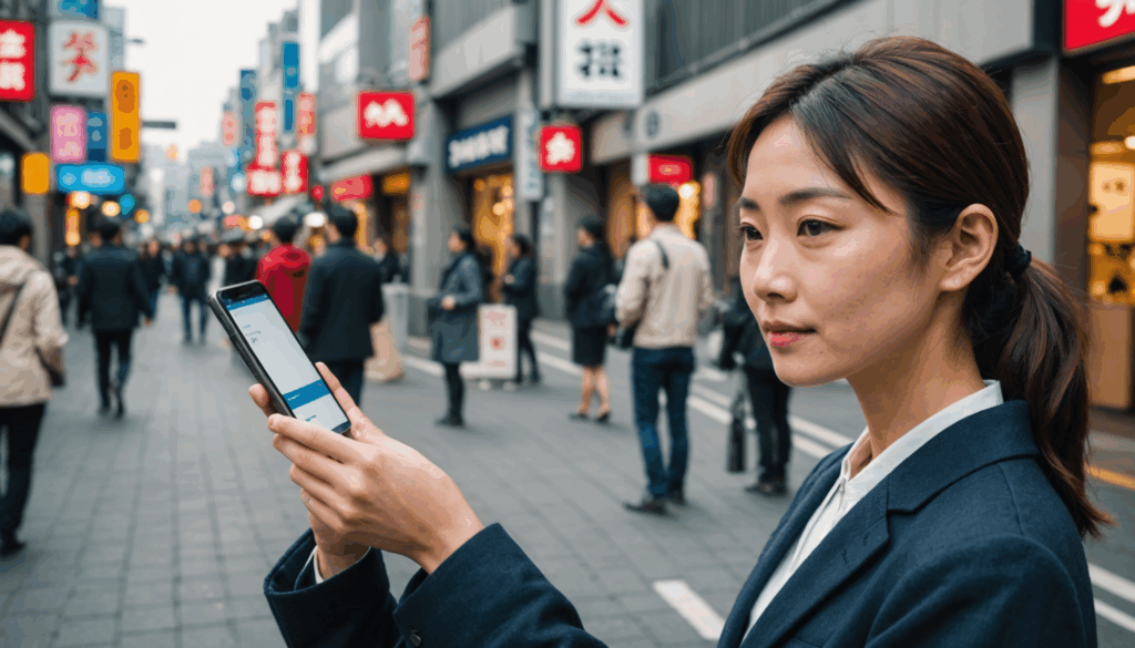 現代的な都市で、スマホを使ってキャッシュレス決済を行う日本人の様子。支払い画面が表示されたスマホに焦点を当て、便利さと安心感を感じさせる