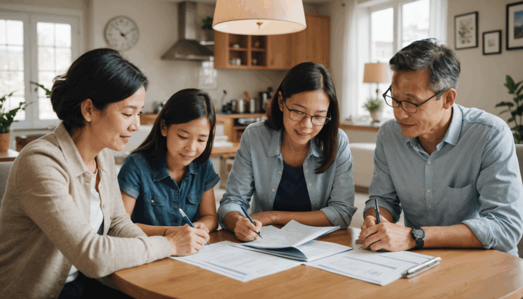 家族が保険の見直しをしながら、書類を確認している様子。温かみのある居心地の良い雰囲気で、保障内容について話し合っています。
