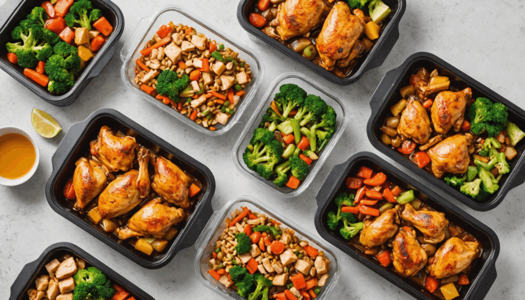 色とりどりの食材を使った鶏肉の作り置きおかずが、明るい背景の中で彩り豊かな容器に盛り付けられた様子。健康的で簡単な常備菜のレシピを提案しています