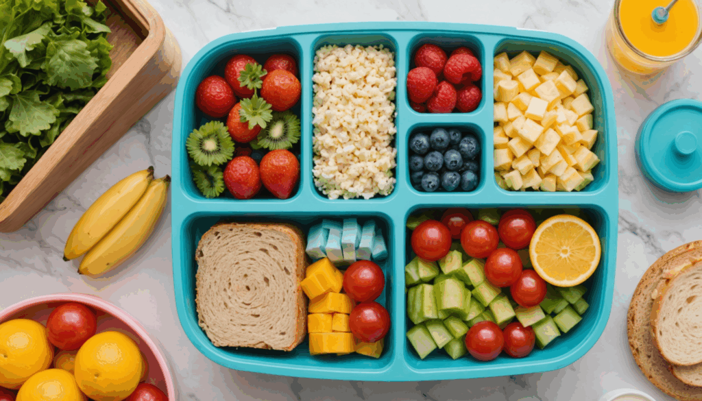 清潔なキッチンを背景に、色とりどりの栄養満点なおかずが詰まった2歳向けのお弁当の写真。食べやすさと衛生面にも配慮した見た目が魅力的です