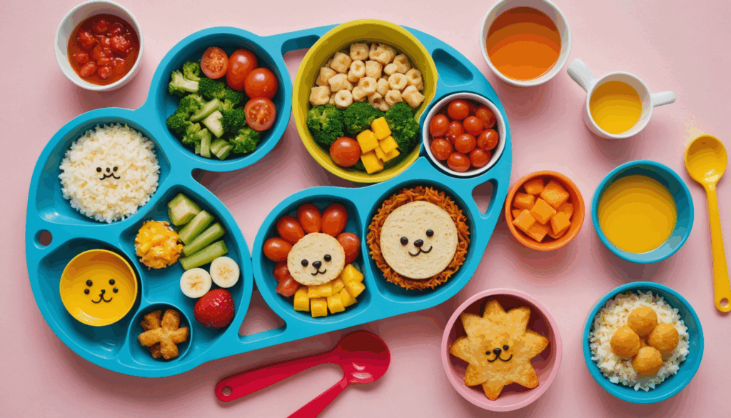 かわいくてカラフルなお弁当アイテムが並んでいる様子。幼児向けの形状カッターや仕切り付きフライパン、シリコンカップが使いやすく配置されています