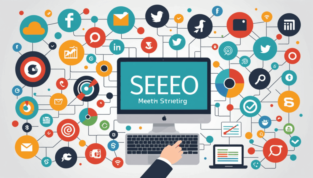 デジタルマーケティング戦略を表現した抽象的なイラストで、SEOやソーシャルメディアの要素、検索エンジンや分析グラフが描かれている様子。