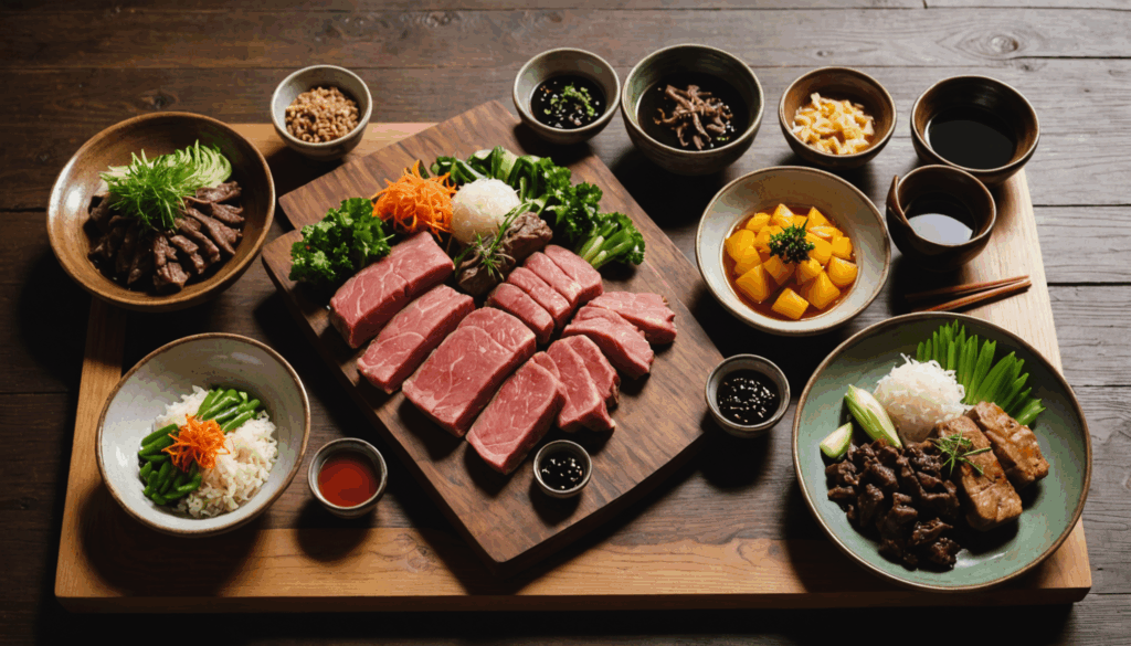 群馬の特産品、こんにゃく、上州牛、下仁田ネギを美しく配置した写真。ご当地グルメの魅力が詰まった色鮮やかな食材が木のテーブルに並んでいる様子。