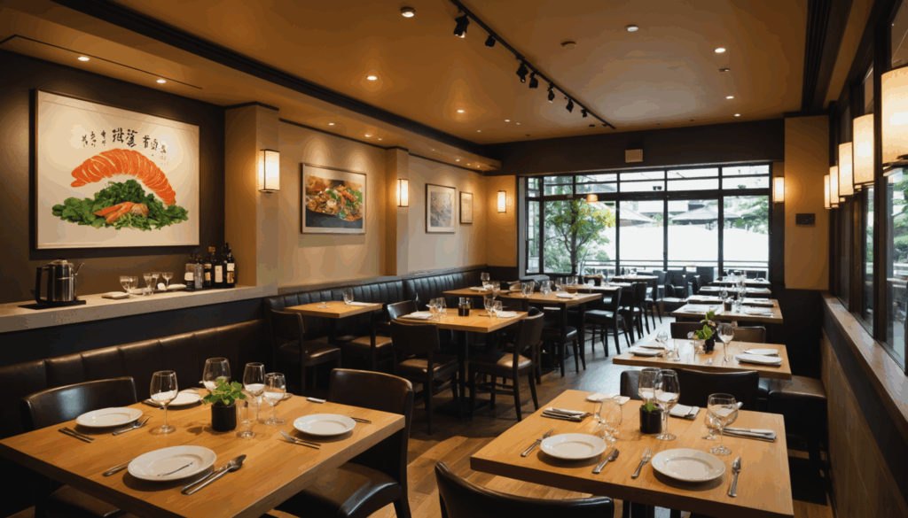 鎌倉のレストランで、イタリアンと和食の進化系料理を楽しむ様子。新鮮な地元食材を使った美しいタコスやフレンチクルーラーが並ぶ。