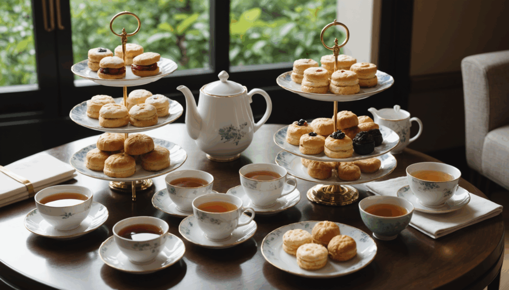 優雅なテーブルセッティングのアフタヌーンティーの写真。スイーツやセイボリーが盛り付けられたティースタンドがあり、紅茶を楽しむ雰囲気が漂う。