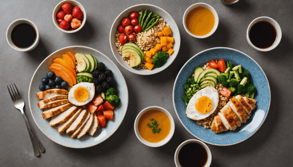 栄養バランスの良い食生活を意識した料理の写真で、果物入りのオートミール、野菜とグリルチキン、魚の味噌汁が美しく盛り付けられています。