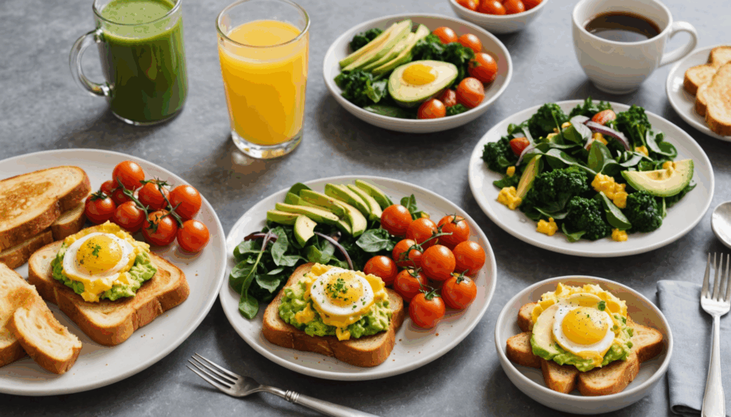 カラフルな朝ごはんのシーン。卵のスクランブル、アボカドとトマトのトースト、ほうれん草とブロッコリーのサラダ、フルーツをトッピングしたフレンチトーストが並んでいる様子