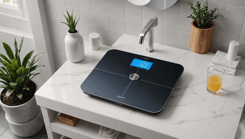 スタイリッシュなバスルームに置かれたスマートスケールの写真。モダンなデザインが健康的なライフスタイルを演出し、ガジェットとしての魅力を引き立てています