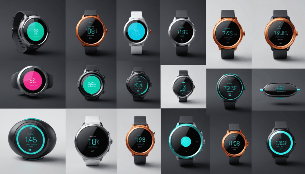 未来的なガジェットの写真。ユニークなデザインとスリムな形状を持ち、エコフレンドリーな素材とスマートな機能が特徴のアイテムが並んでいる様子