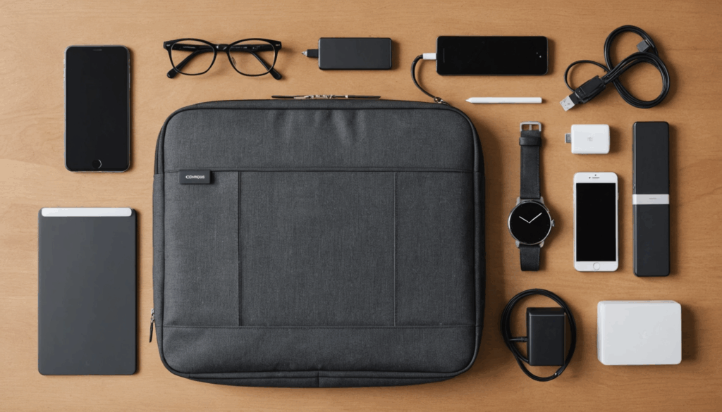 ビジネスシーンでスタイリッシュなガジェットポーチの写真。ラップトップやタブレット、充電器、ケーブルが整理された様子が見える。