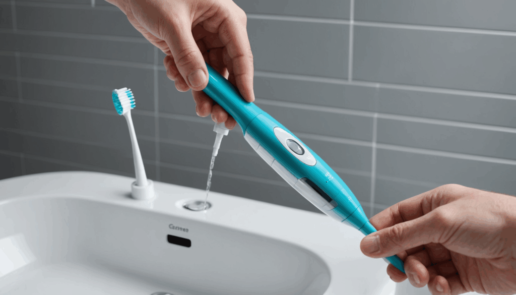新しいデザインの電動歯ブラシが、ブラシヘッドを交換している様子を清潔なバスルームで示した写真。歯垢を効果的に取り除くためのおすすめの製品です。