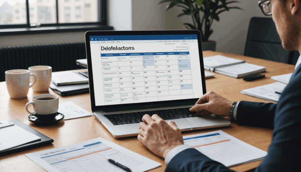 オフィスの風景で、会社の方針書を確認する人と、税務書類を表示したノートパソコン、締切を示すカレンダーが並び、副業を始める前の規則理解の重要性を強調しています。