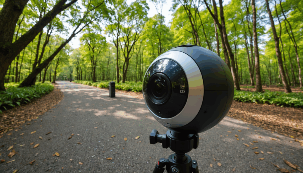 初心者向けの360度カメラセットアップの写真。RICOH THETA SC2とInsta360 ONE X2を使用し、自然の中で撮影している様子。