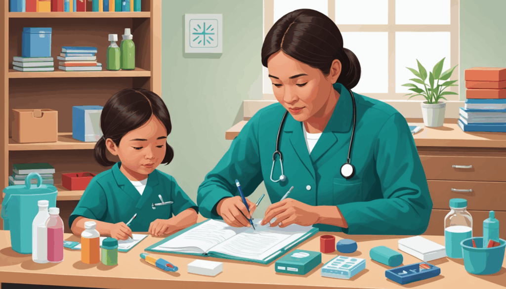 病児保育のための準備をするベビーシッターのイラスト。医療キットやお子さまの健康情報が整えられた落ち着いた環境を描写。