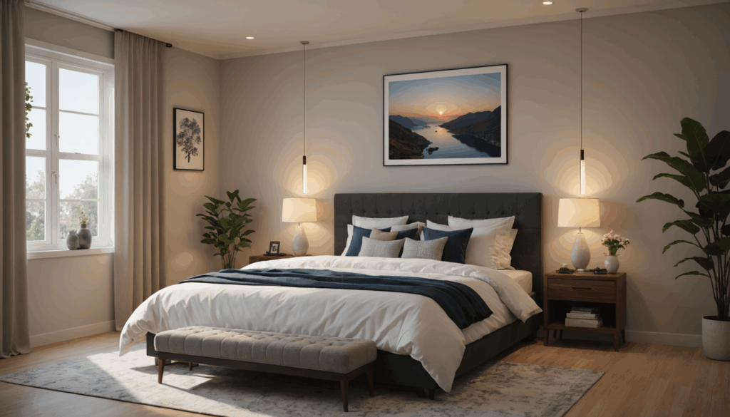 快適なベッドと穏やかな照明がある寝室の写真。リラックスと質の高い睡眠を促進する健康習慣を表現しています