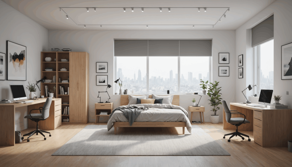 ミニマリストの生活空間の写真。整頓された家具と不要な物がない、落ち着いた雰囲気の部屋を表現しています。