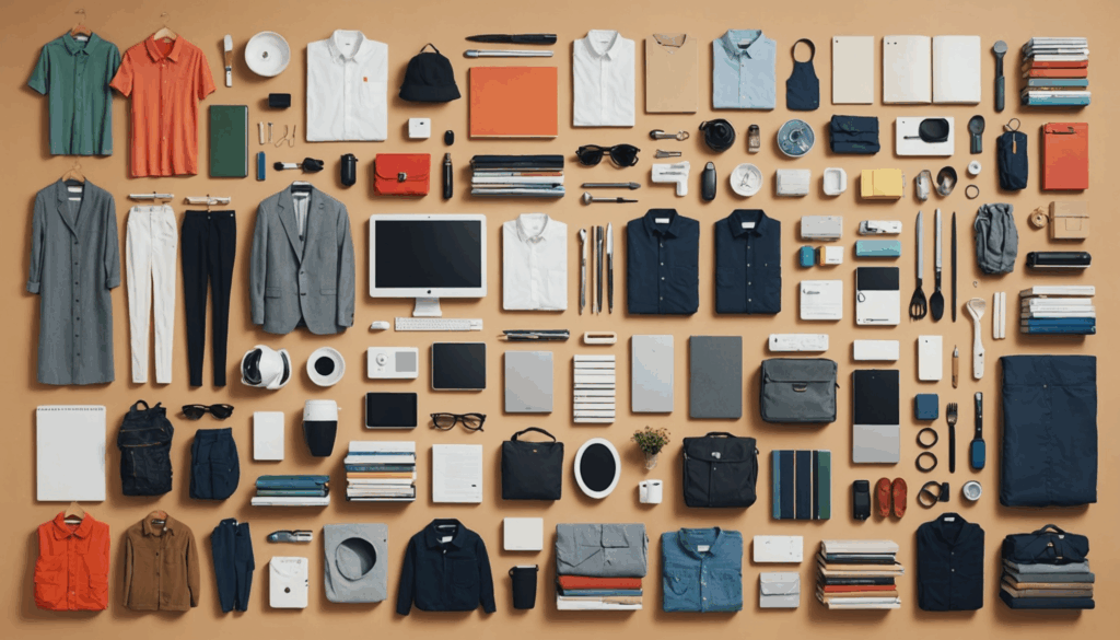 断捨離の様子を描いた写真で、衣類や本、キッチンツールを整理し、スッキリとした収納空間を表現しています。