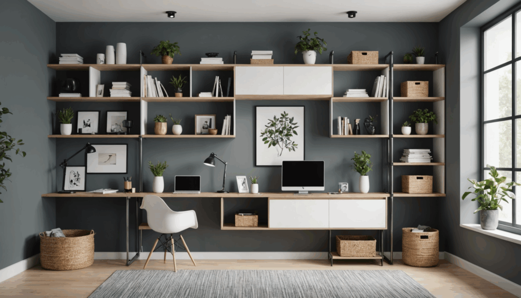 スタイリッシュで整理されたリビングスペースの写真。壁付けの収納グッズや浮遊する収納を使い、物が片付いた使いやすい雰囲気を演出しています。