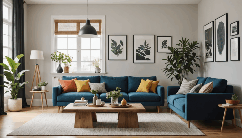 おしゃれな部屋のインテリア。カラフルなクッションやユニークな花瓶、モダンな照明が配置された、シンプルで機能的な生活空間のコーディネート。