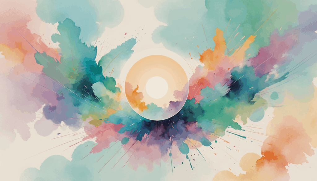 穏やかな色合いで心の対話と自己発見を表現した抽象画。前世療法を受けることで得られる気づきや悩みの解消を感じさせる。