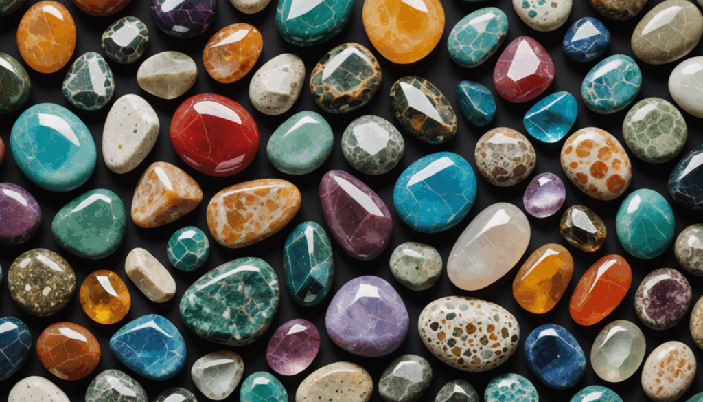 さまざまな色や形のパワーストーンが、柔らかな自然の背景に美しく配置されている様子。直感やエネルギーを感じさせる、選び方の参考になる画像です。