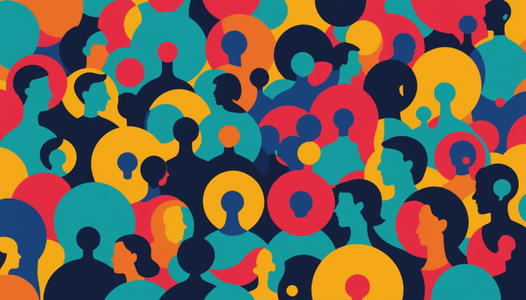 多様な人間関係を表現した抽象的なイラスト。鮮やかな色合いと調和のある形が、コミュニケーションや理解を象徴している。波長が合わない相手との距離を感じる時の特徴を描写。