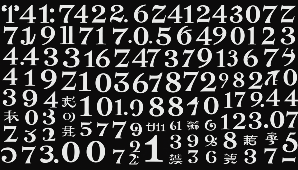 エンジェルナンバーの画像。繰り返しの数字「111」や「777」、鏡のような数字「12321」や「45654」が神秘的な背景の中で描かれ、数字の意味やメッセージの重要性を強調している様子。