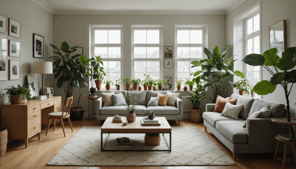 リビングの写真。南向きの窓から自然光が差し込む中、観葉植物がバランスよく配置されている様子。