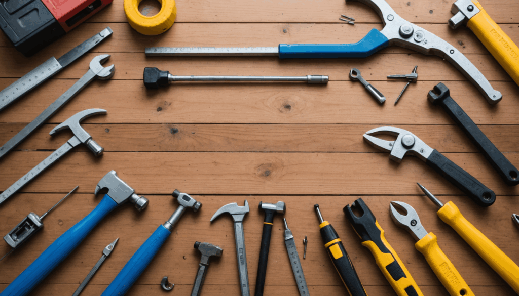 木製のテーブルの上に基本的なDIY工具（ハンマー、ドライバー、ノコギリ、メジャー、クランプ）が並んでいる写真。初心者向けのDIY作業におすすめのアイデアが詰まっています