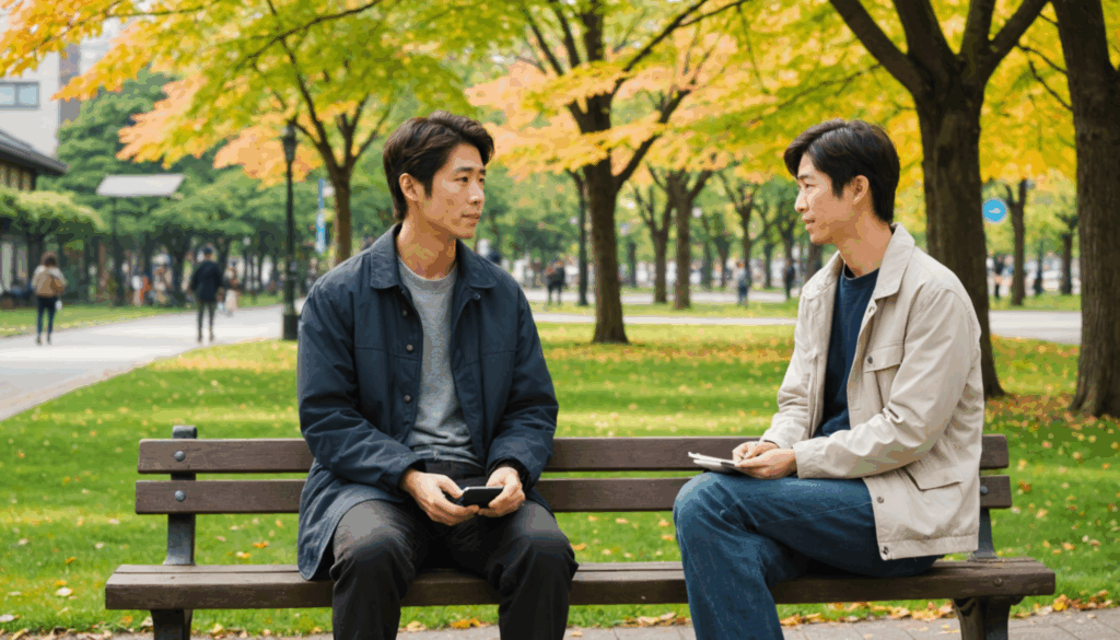 公園のベンチに座り、リラックスした様子で友人と話している日本人の写真。ストレスや5月病の症状を和らげるためのコミュニケーションが感じられる穏やかな環境。
