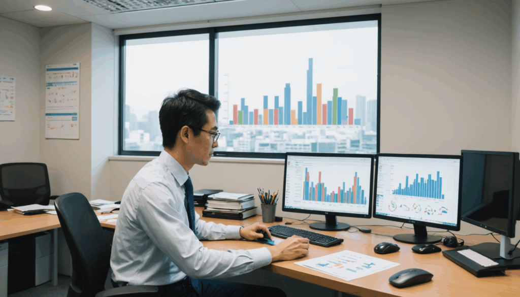 自信に満ちた日本人プロフェッショナルがデスクで給料交渉をしているオフィスの写真。背景にはパフォーマンス指標を示すグラフやチャートがあり、年収アップの可能性を示唆しています。